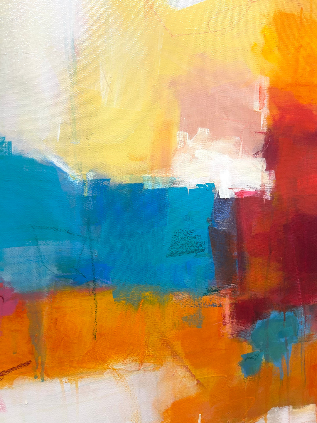 36”W x 48”H abstract acrylic on canvas painting with orange, red, yellow blue and cream. 