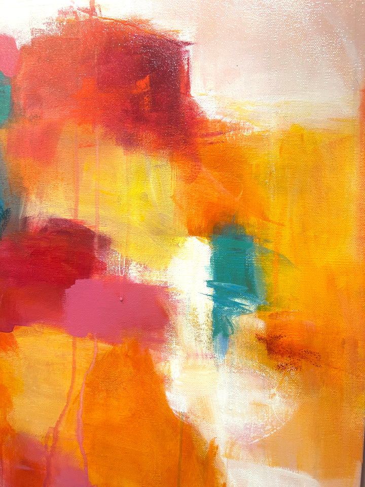 36”W x 48”H abstract acrylic on canvas painting with orange, red, yellow blue and cream. 