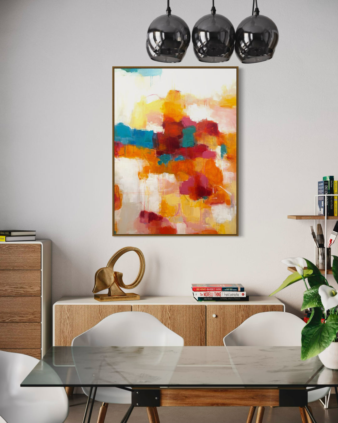 36”W x 48”H abstract acrylic on canvas painting with orange, red, yellow blue and cream. 