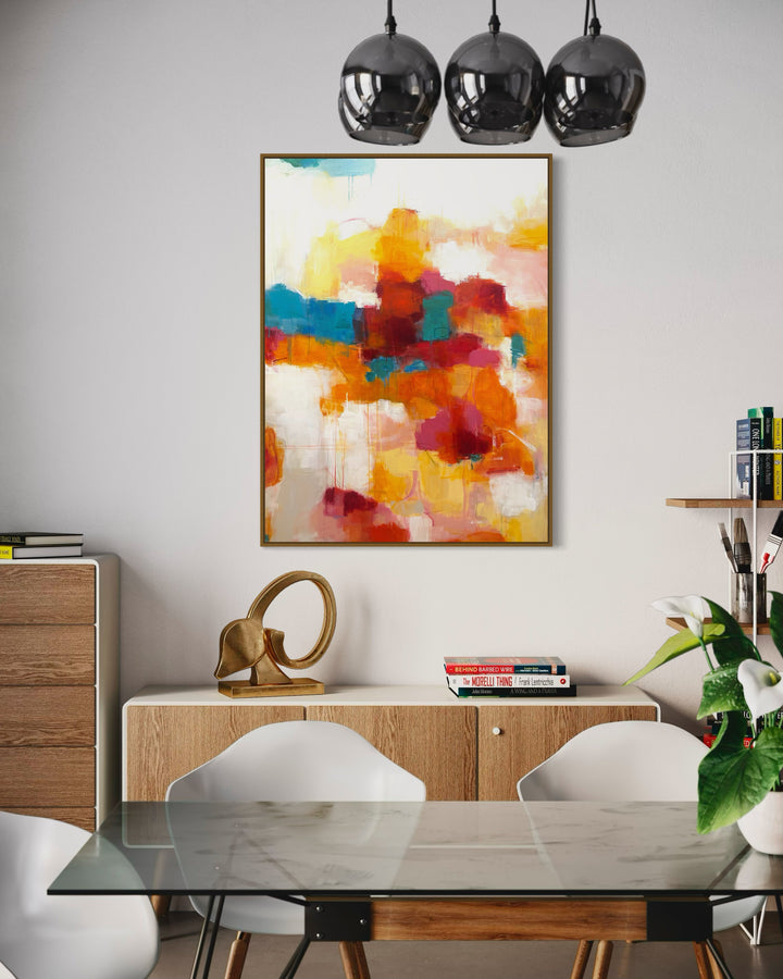 36”W x 48”H abstract acrylic on canvas painting with orange, red, yellow blue and cream. 