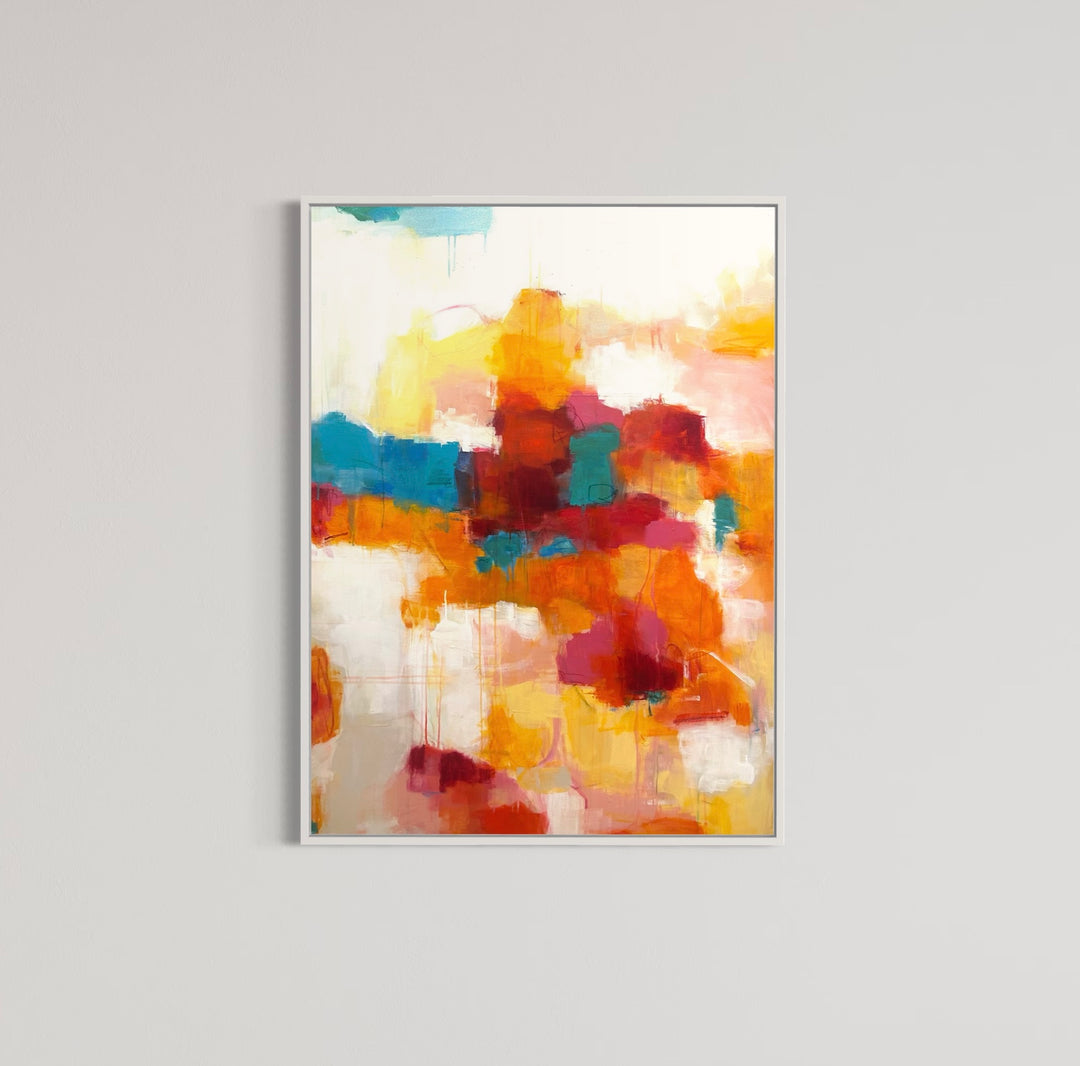36”W x 48”H abstract acrylic on canvas painting with orange, red, yellow blue and cream. 
