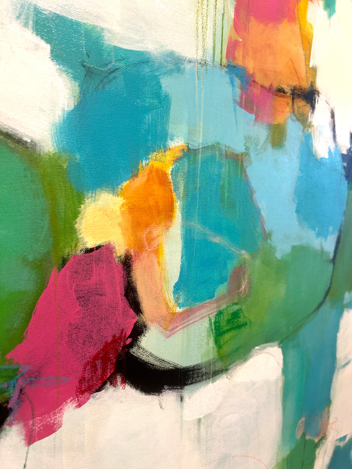 Abstract acrylic painting on canvas using blues, greens, whites and details of pink. 36”W x 48”H 