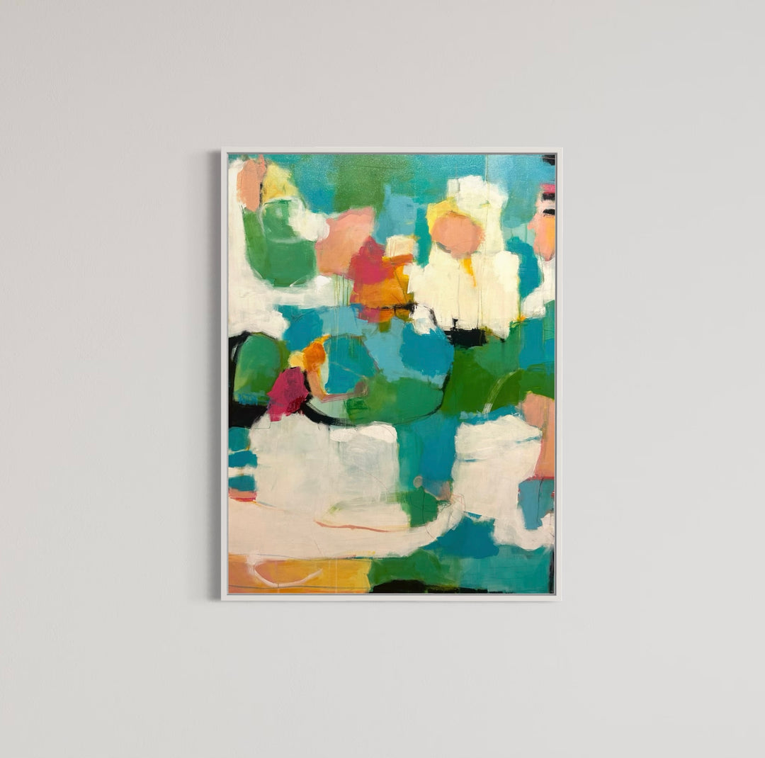 Abstract acrylic painting on canvas using blues, greens, whites and details of pink. 36”W x 48”H 