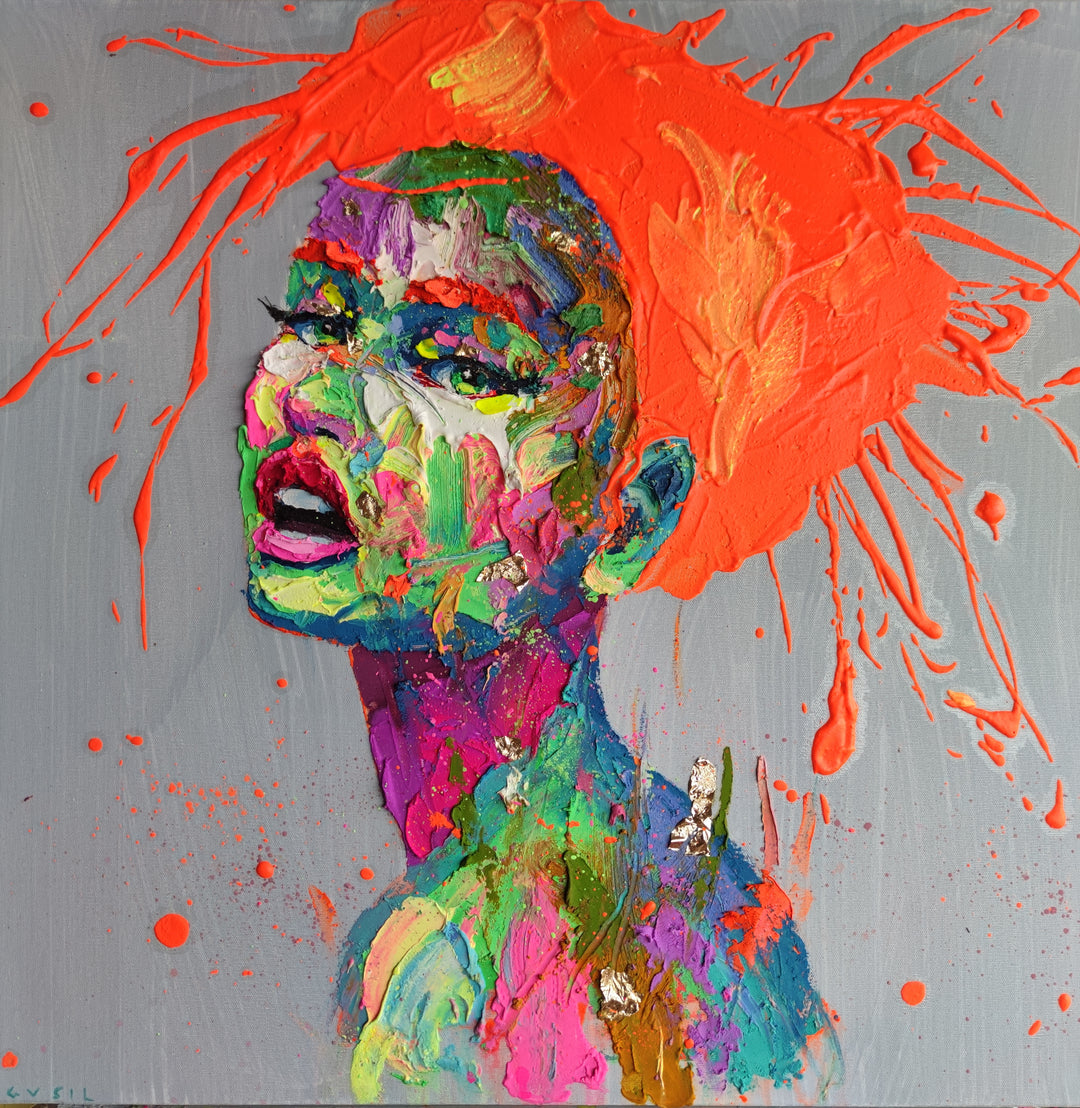 woman facing left with 3/4 profile view with skin made of thick layer of green pink red orange purple yellow impasto acrylic paint, with splattered orange hair on blue background