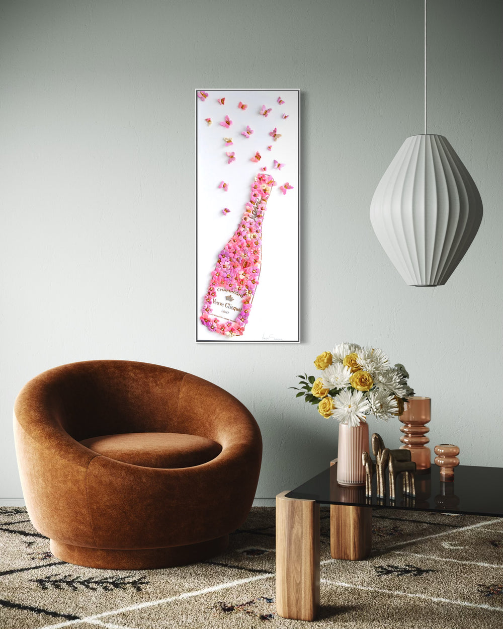 Acrylic clay and modeling paste painting of bottle champagne of pink 3 dimensional flowers coming out of bottle to butterflies on white canvas