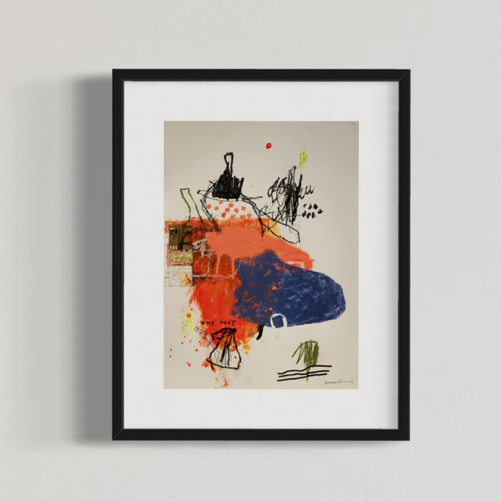 Abstract mixed media artwork on paper by Laurent Dorchin in black, pink, red, blue and white. Organic linework and minimal illustrations with collage and text elements.