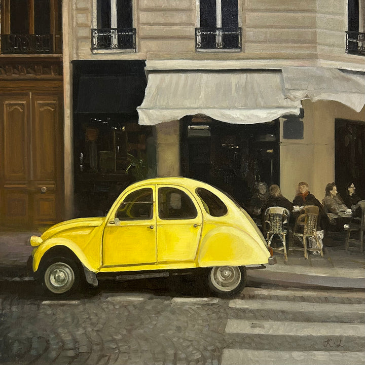 yellow bug, vw bug, oil painting, oil paint, city scape, paris, yellow
