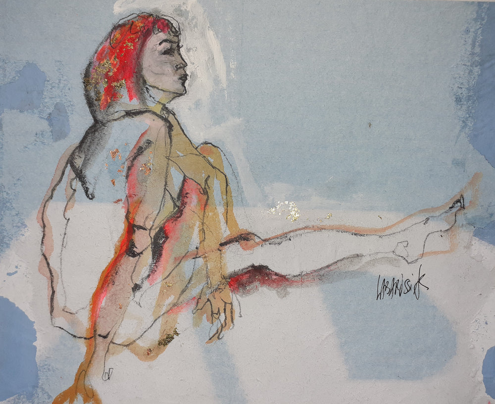 Esquisse I, artwork by Corinne Labarussias. Charcoal, watercolor, & gold leaf on recycled paper. 16.75 by 18 inches.