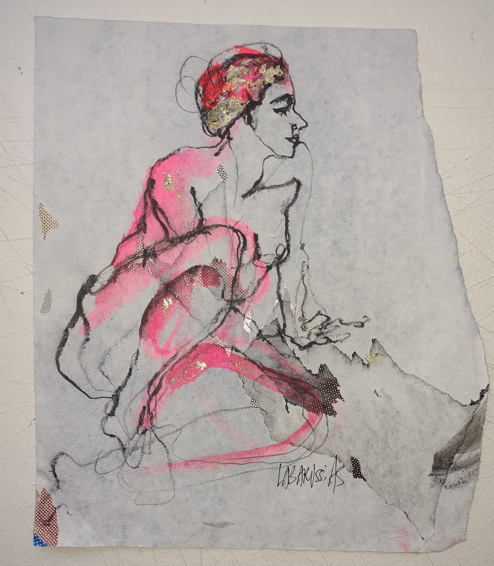 La Vie En Rose, artwork by Corinne Labarussias. Charcoal, watercolor, & gold leaf on recycled paper. 17 by 15.75 inches.
