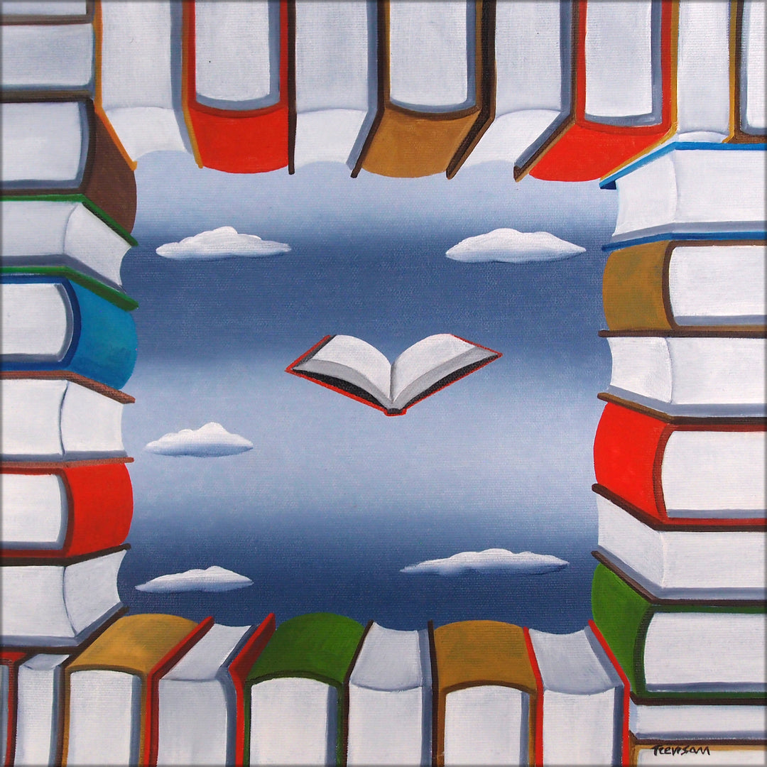 Window of Books, artwork by Carlo Trevisan. Oil on canvas. 14 by 14 inches.