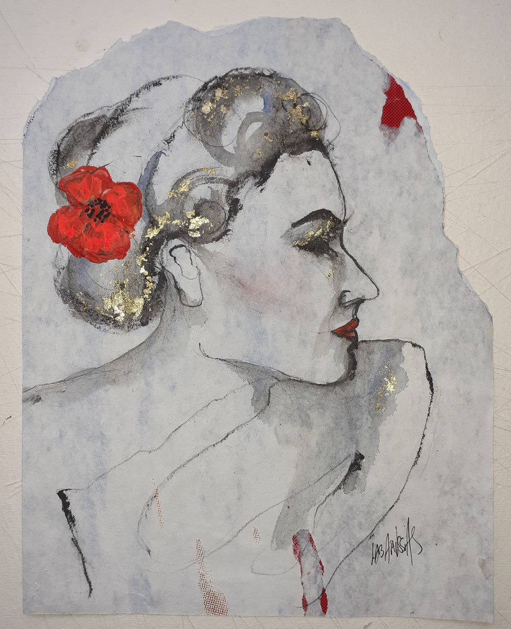 Coquelicot, artwork by Corinne Labarussias. Charcoal, watercolor, & gold leaf on recycled paper. 19 by 16 inches.