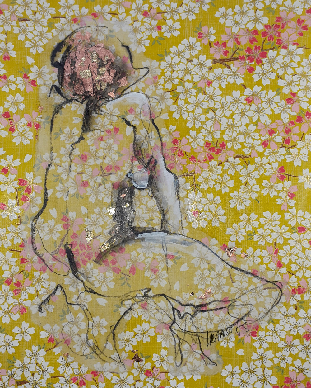 La Vie En Fleurs III, artwork by Corinne Labarussias. Charcoal, watercolor, & gold leaf on Japanese paper. 17.5 by 15.25 inches.