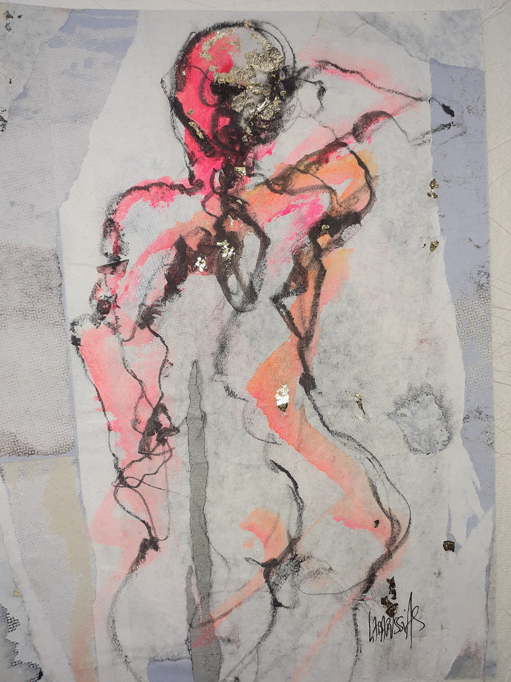 Esquisse IV, artwork by Corinne Labarussias. Charcoal, watercolor, & gold leaf on recycled paper. 18.25 by 16 inches.