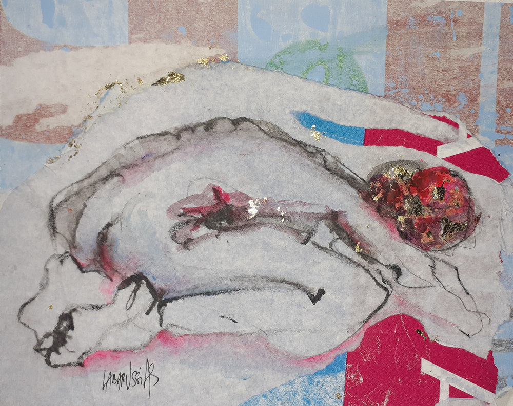 Esquisse V, artwork by Corinne Labarussias. Charcoal, watercolor, & gold leaf on recycled paper. 15.5 by 18 inches.