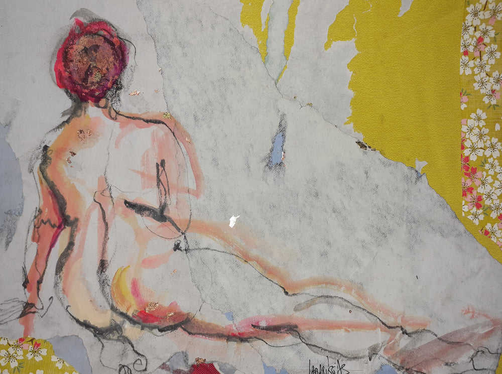 La Vie En Fleurs VII, artwork by Corinne Labarussias. Charcoal, watercolor, & gold leaf on recycled & Japanese paper. 18 by 22 inches.