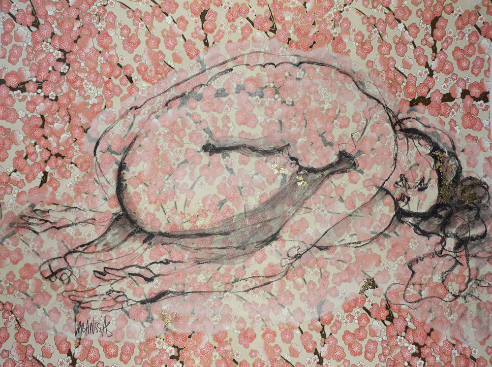 La Vie En Fleurs VIII, artwork by Corinne Labarussias. Charcoal, watercolor, & gold leaf on Japanese paper. 17.5 by 21.5 inches.