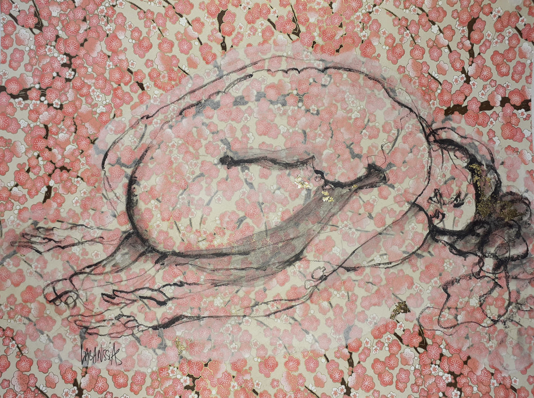 La Vie En Fleurs VIII, artwork by Corinne Labarussias. Charcoal, watercolor, &amp; gold leaf on Japanese paper. 17.5 by 21.5 inches.