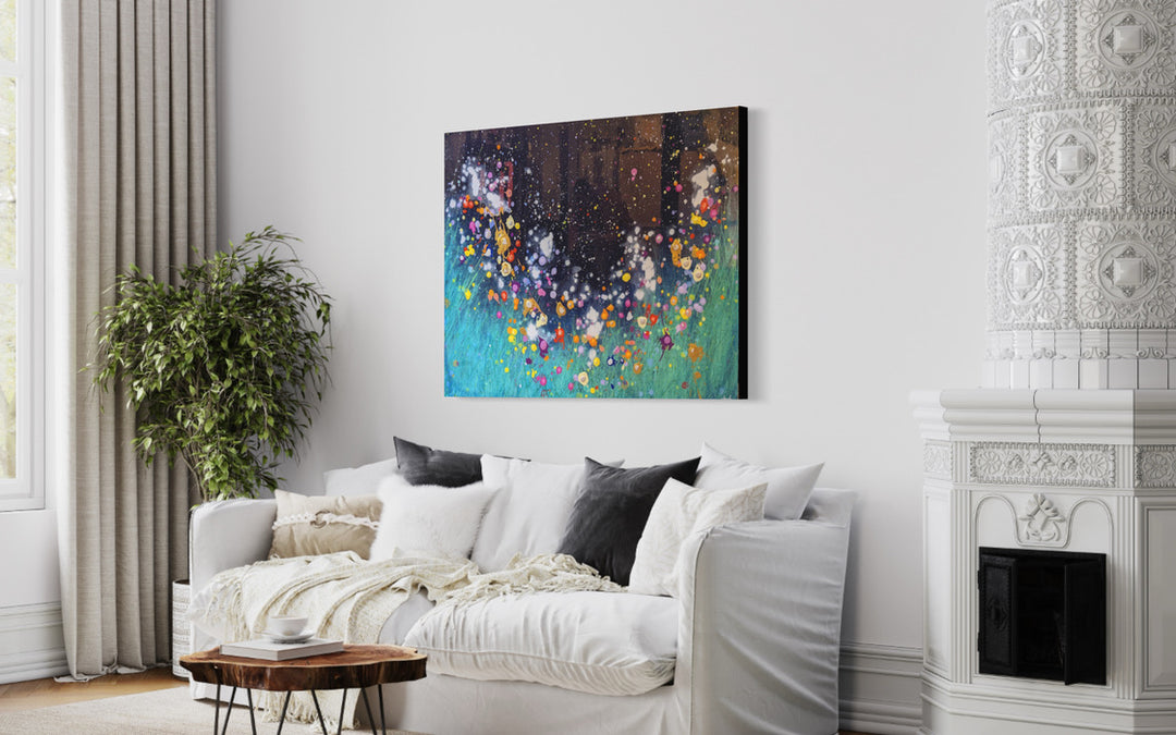 A Voice In The Night Garden 012322, artwork by Eric Heitmann, displayed in a home. Oil, acrylic, and resin on canvas. 36 by 48 by 1.5 inches.