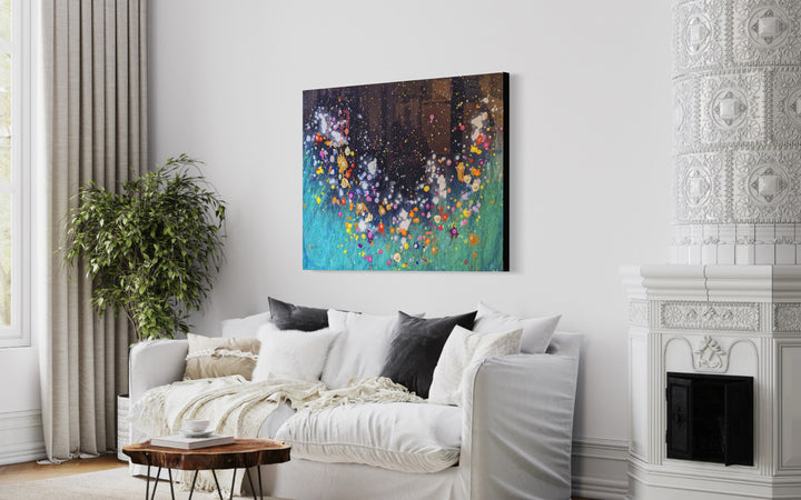 A Voice In The Night Garden 012322, artwork by Eric Heitmann, displayed in a home. Oil, acrylic, and resin on canvas. 36 by 48 by 1.5 inches.