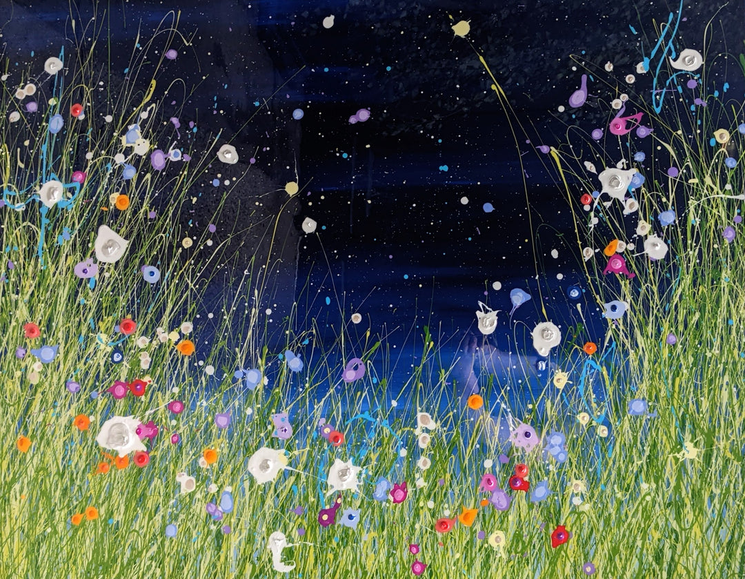 A Voice In The Night Garden 061422, artwork by Eric Heitmann. Oil, acrylic, and resin on canvas. 49 by 60.5 inches.