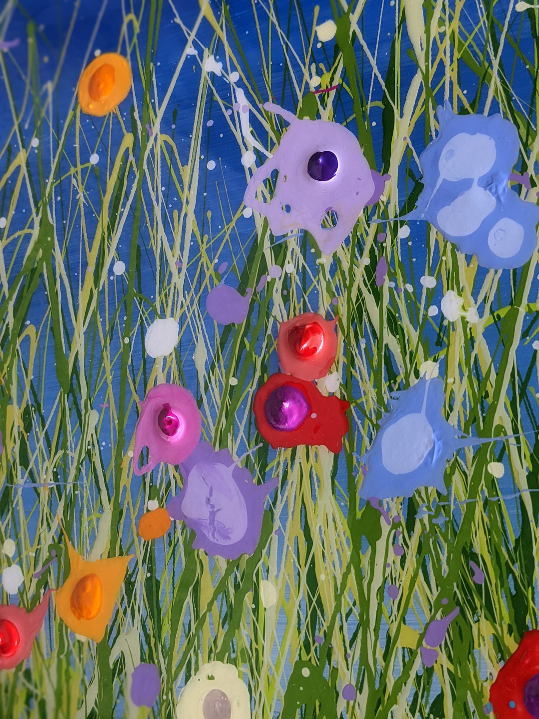 detail of A Voice In The Night Garden 061422, artwork by Eric Heitmann. Oil, acrylic, and resin on canvas. 49 by 60.5 inches.