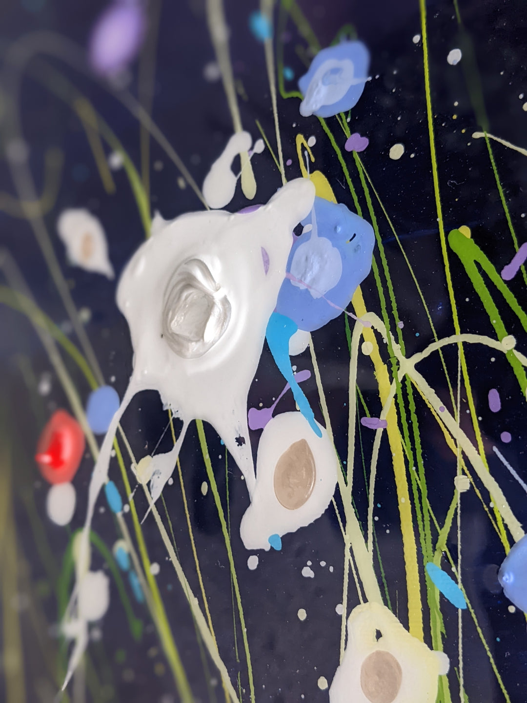 detail of A Voice In The Night Garden 061422, artwork by Eric Heitmann. Oil, acrylic, and resin on canvas. 49 by 60.5 inches.