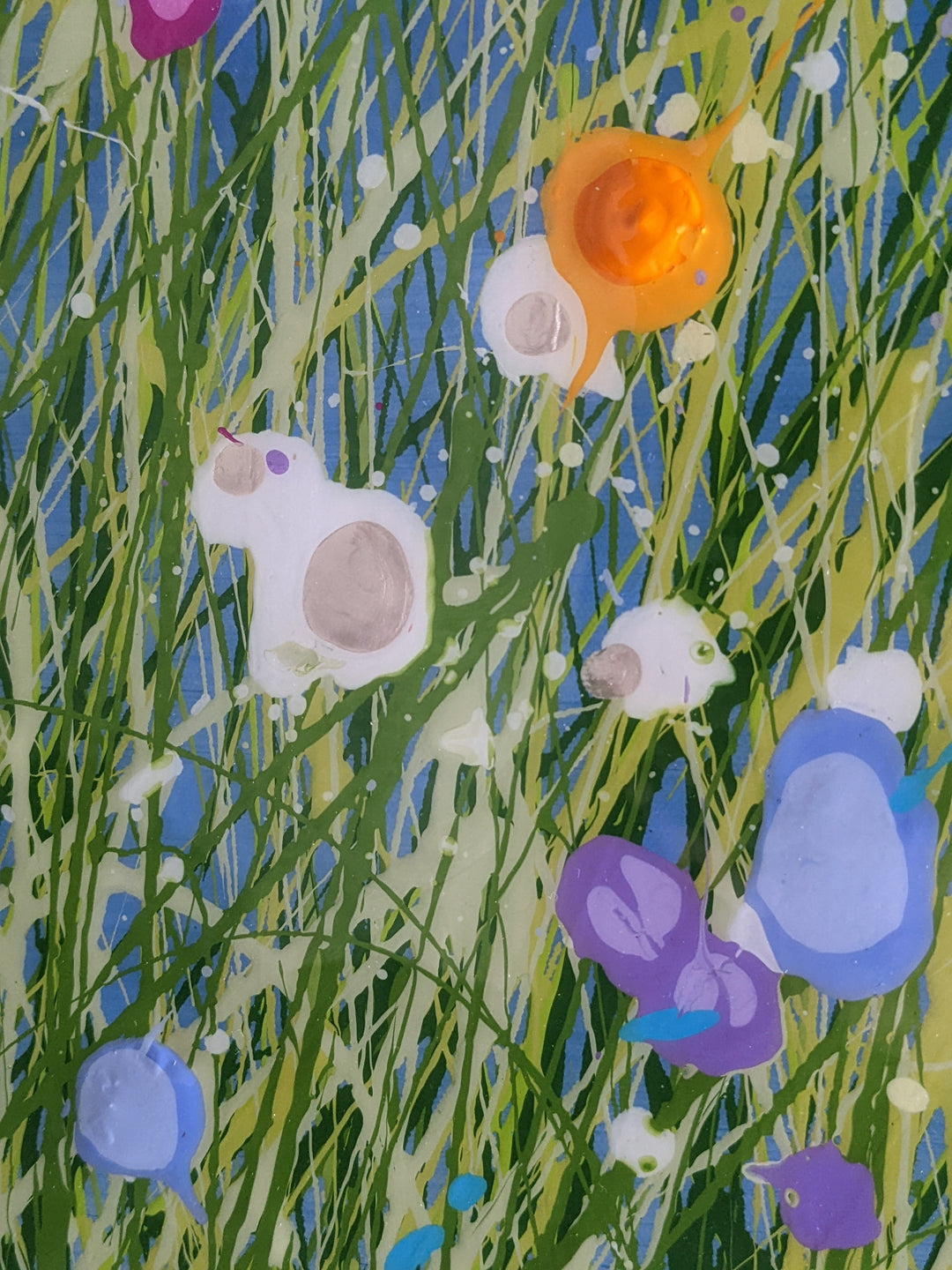 detail of A Voice In The Night Garden 061422, artwork by Eric Heitmann. Oil, acrylic, and resin on canvas. 49 by 60.5 inches.