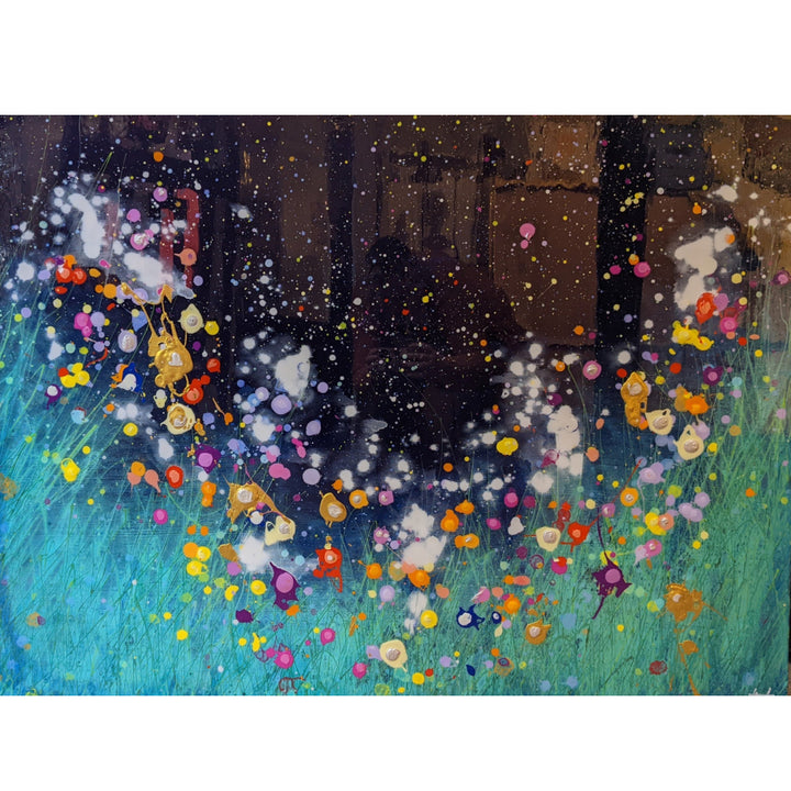 A Voice In The Night Garden 012322, artwork by Eric Heitmann. Oil, acrylic, and resin on canvas. 36 by 48 by 1.5 inches.
