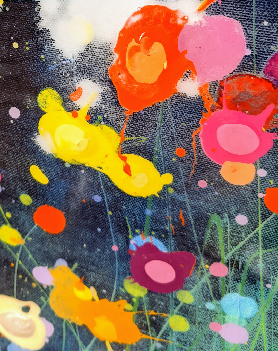 detail of A Voice In The Night Garden 012322, artwork by Eric Heitmann. Oil, acrylic, and resin on canvas. 36 by 48 by 1.5 inches.