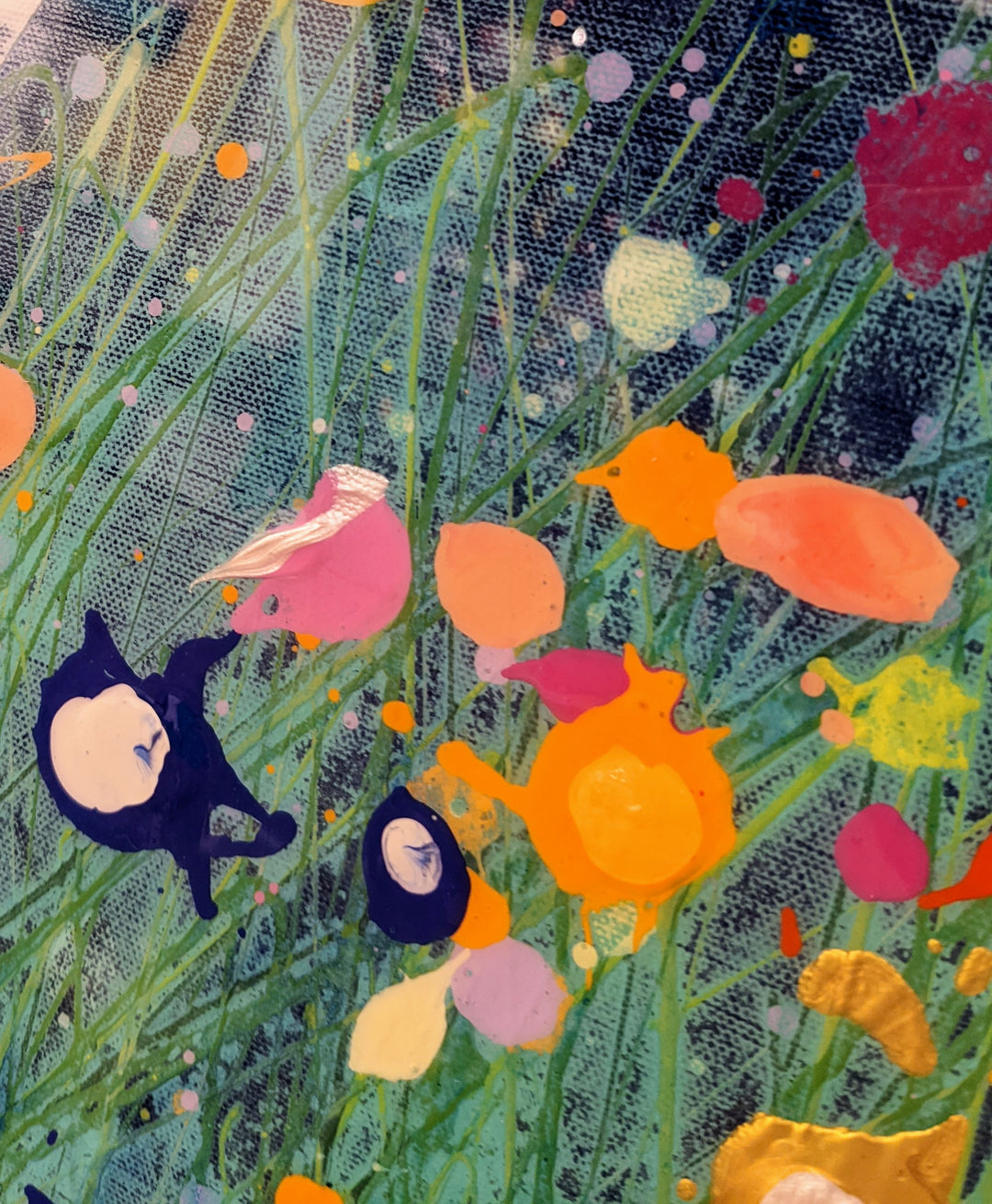 detail of A Voice In The Night Garden 012322, artwork by Eric Heitmann. Oil, acrylic, and resin on canvas. 36 by 48 by 1.5 inches.
