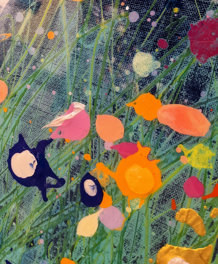 detail of A Voice In The Night Garden 012322, artwork by Eric Heitmann. Oil, acrylic, and resin on canvas. 36 by 48 by 1.5 inches.