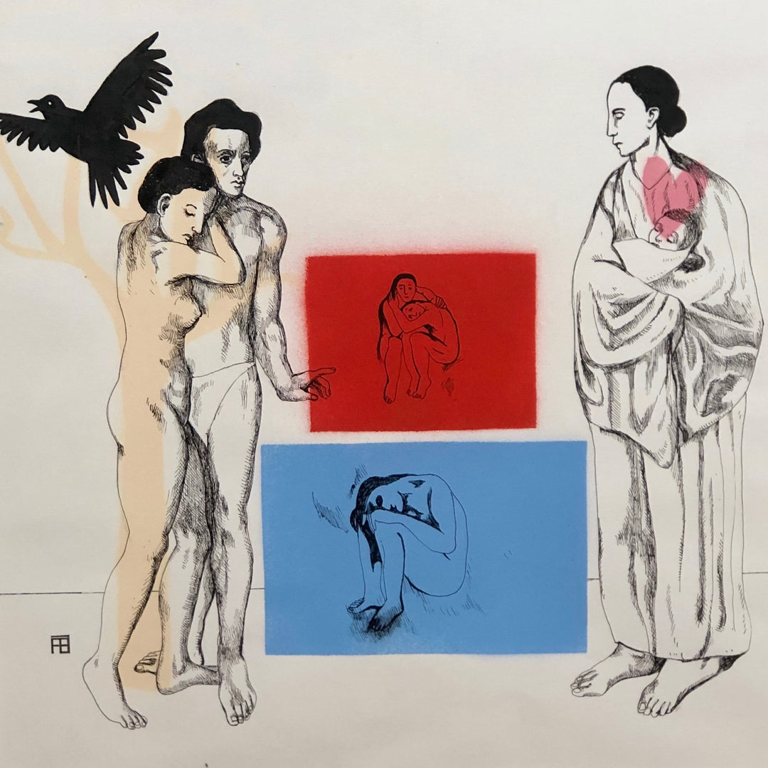 Aprés la vie de Picasso, artwork by Florent Blache. Ink and acrylic on paper. 14 by 14 inches.