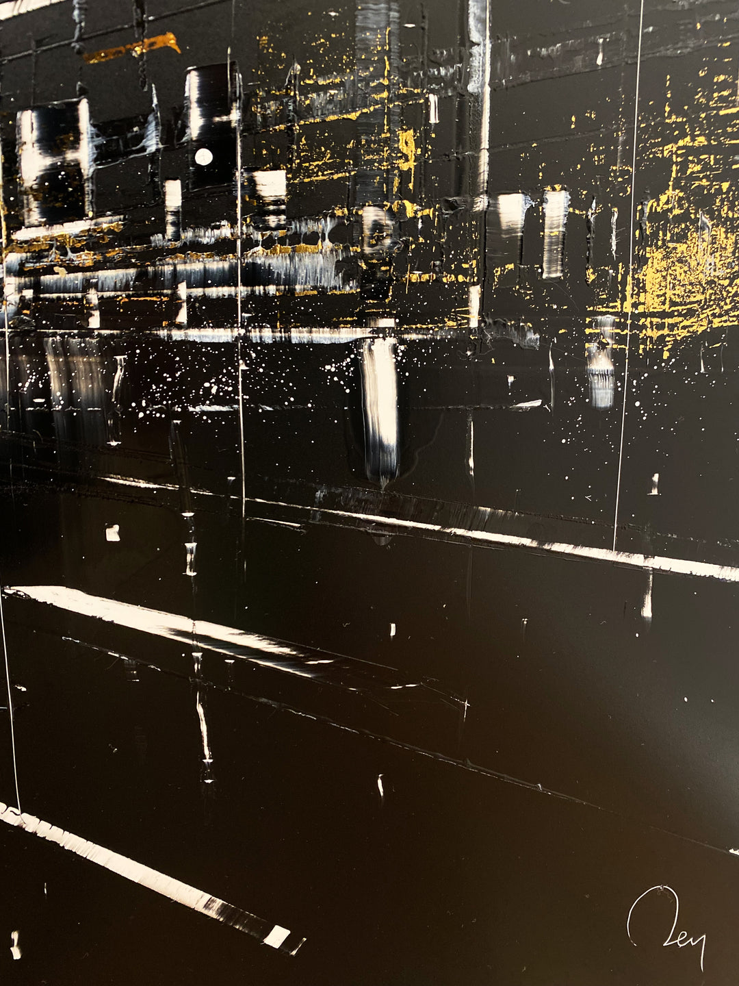 Detail of Julien Rey "Astoria", black, white and gold cityscape, lacquer &amp; gold leaf on 39.5x39.5" dibond