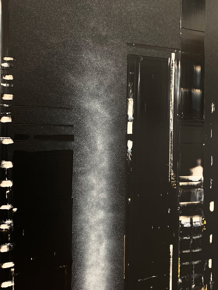 Detail of Julien Rey "Astoria", black, white and gold cityscape, lacquer &amp; gold leaf on 39.5x39.5" dibond