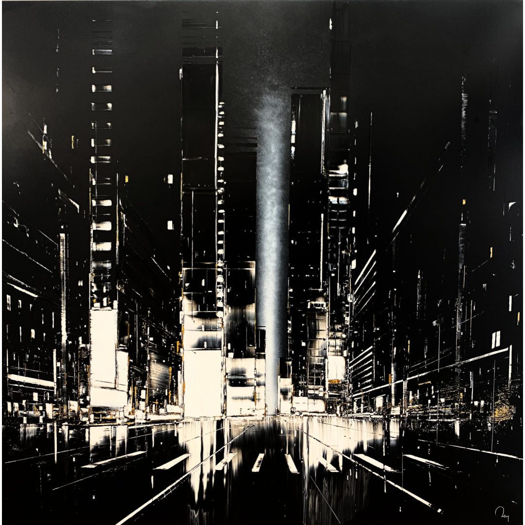 Julien Rey "Astoria", black, white and gold cityscape, lacquer & gold leaf on 39.5x39.5" dibond