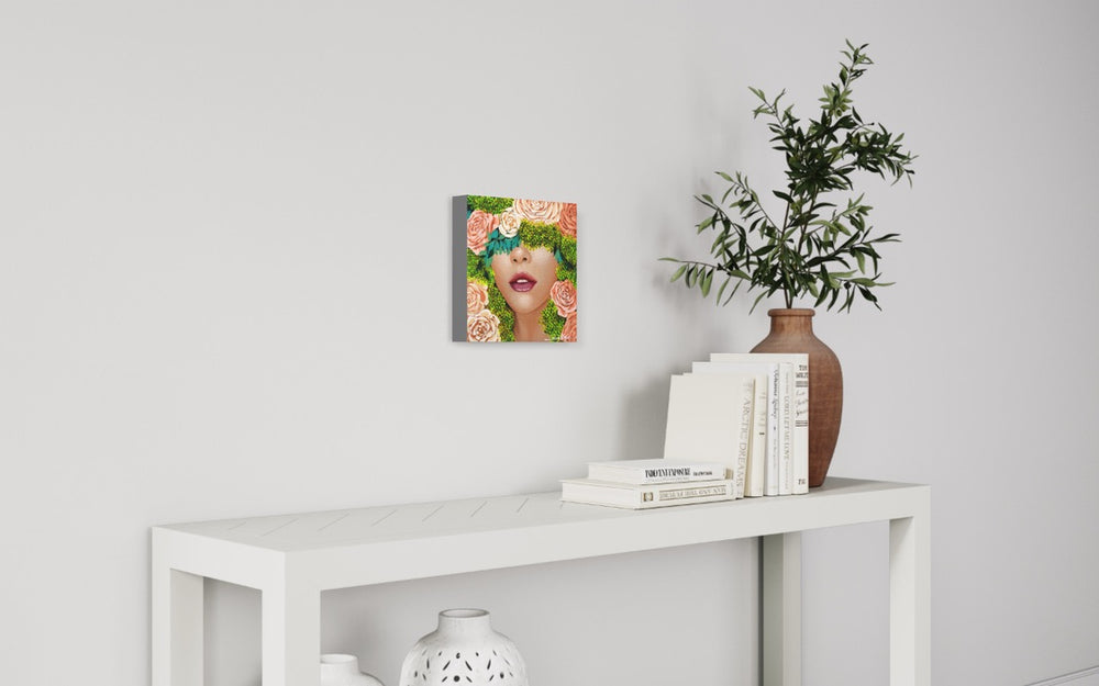 Baby Breath III, artwork by Sally K., displayed in a home. Acrylic paint on canvas. 12 by 12 inches.