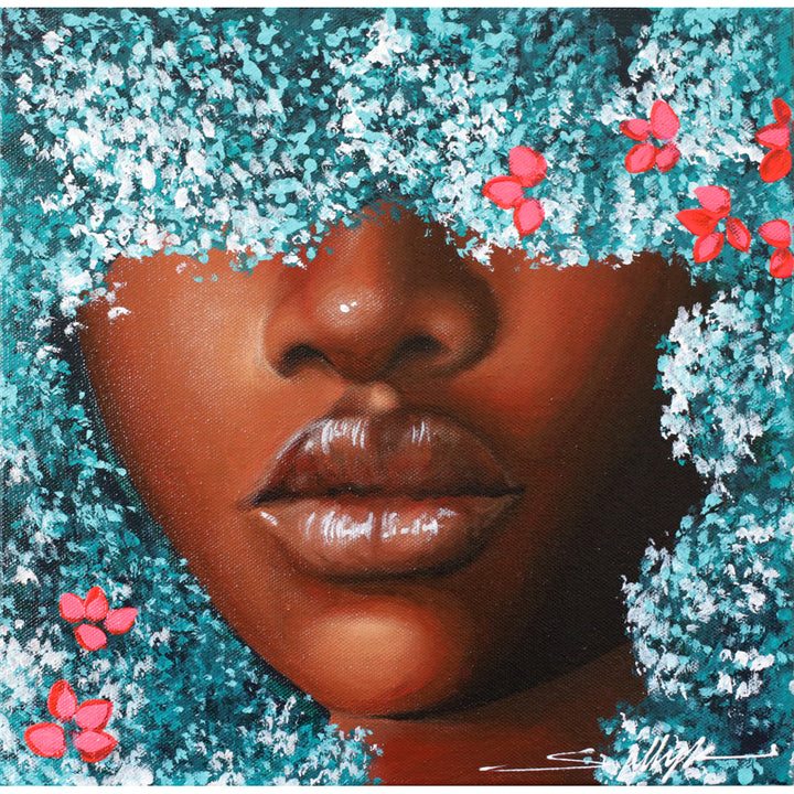Baby Breath I, artwork by Sally K. Acrylic paint on canvas. 12 by 12 inches. Lower half of woman&