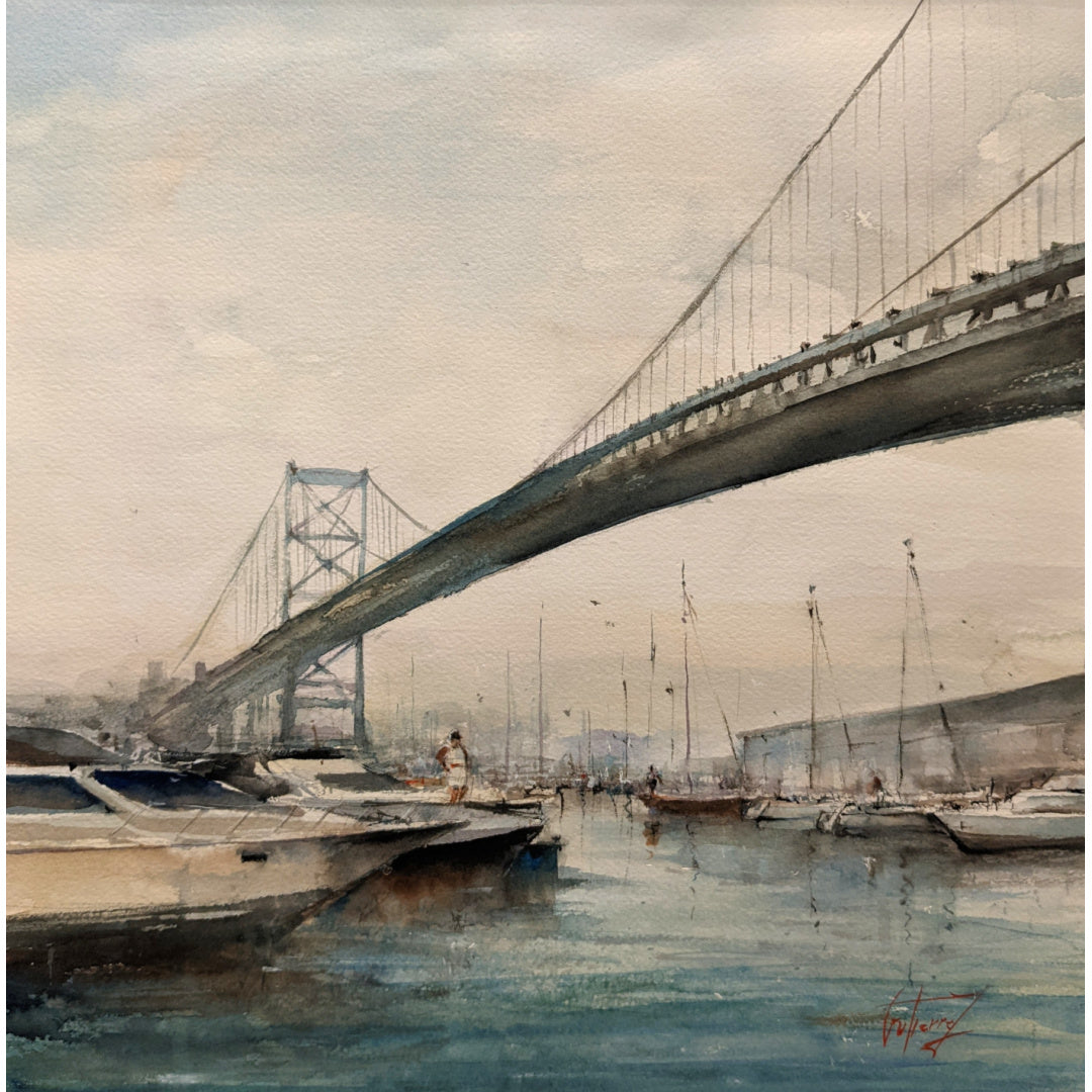 Benjamin Franklin Bridge, artwork by Pierre Gutierrez. Watercolor on paper. 14 by 14 inches.