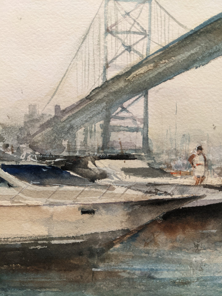 detail of Benjamin Franklin Bridge, artwork by Pierre Gutierrez. Watercolor on paper. 14 by 14 inches.