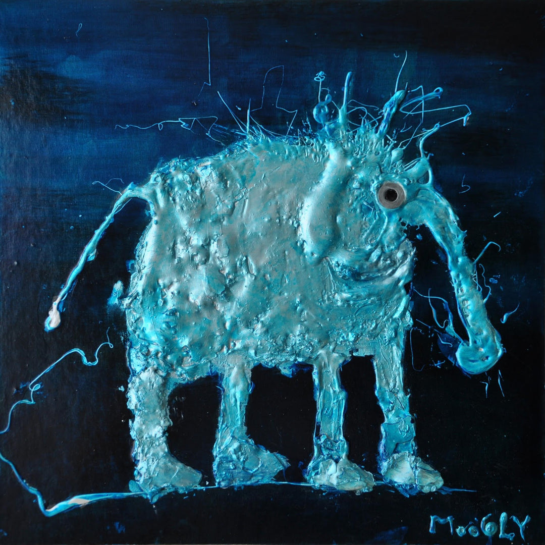 Bloated, artwork by Moogly. Acrylic paint, India ink, natural pigments, collage & lacquer on cardboard. 14 by 14 inches.