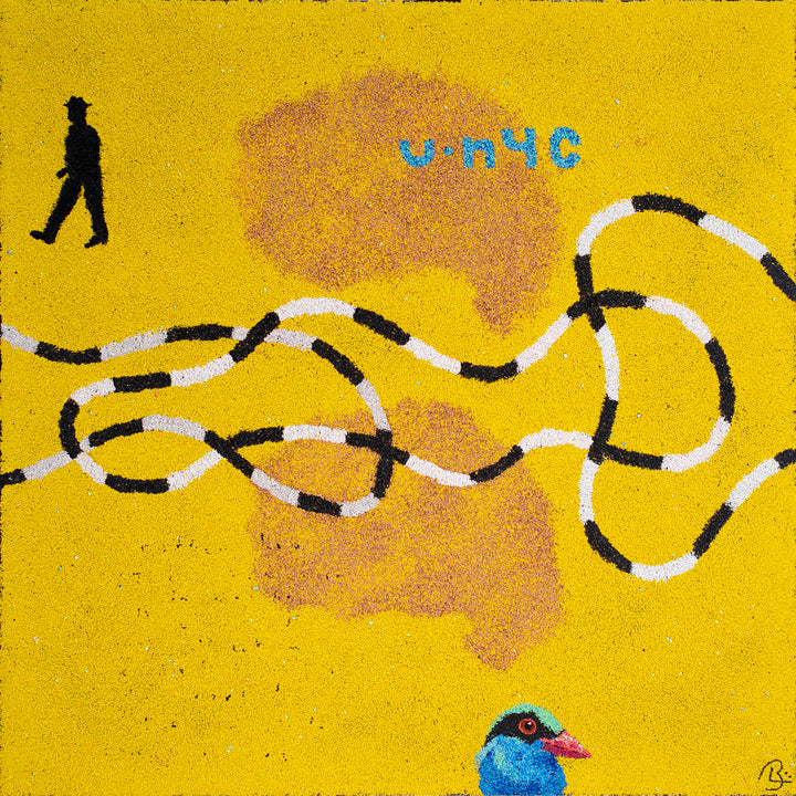 Bingo Bombard by Bob Lanstrom. Yellow pigmented volcanic rock on canvas, abstract artwork featuring a blue bird and a gentleman walking.