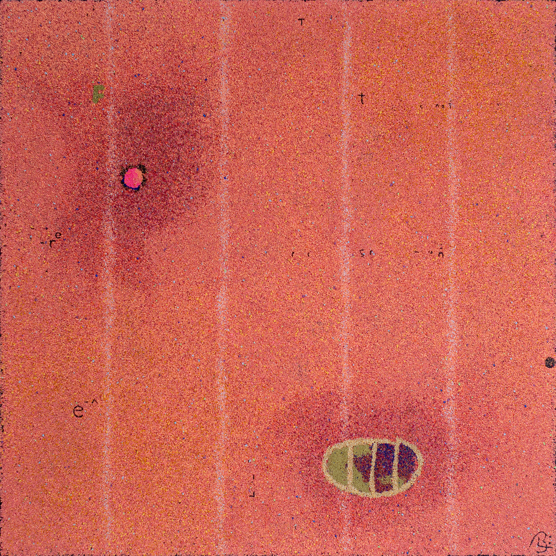 Relativistic Prodigy by Bob Landstrom, artwork of light red pigmented volcanic rock on canvas, featuring vertical stripes.