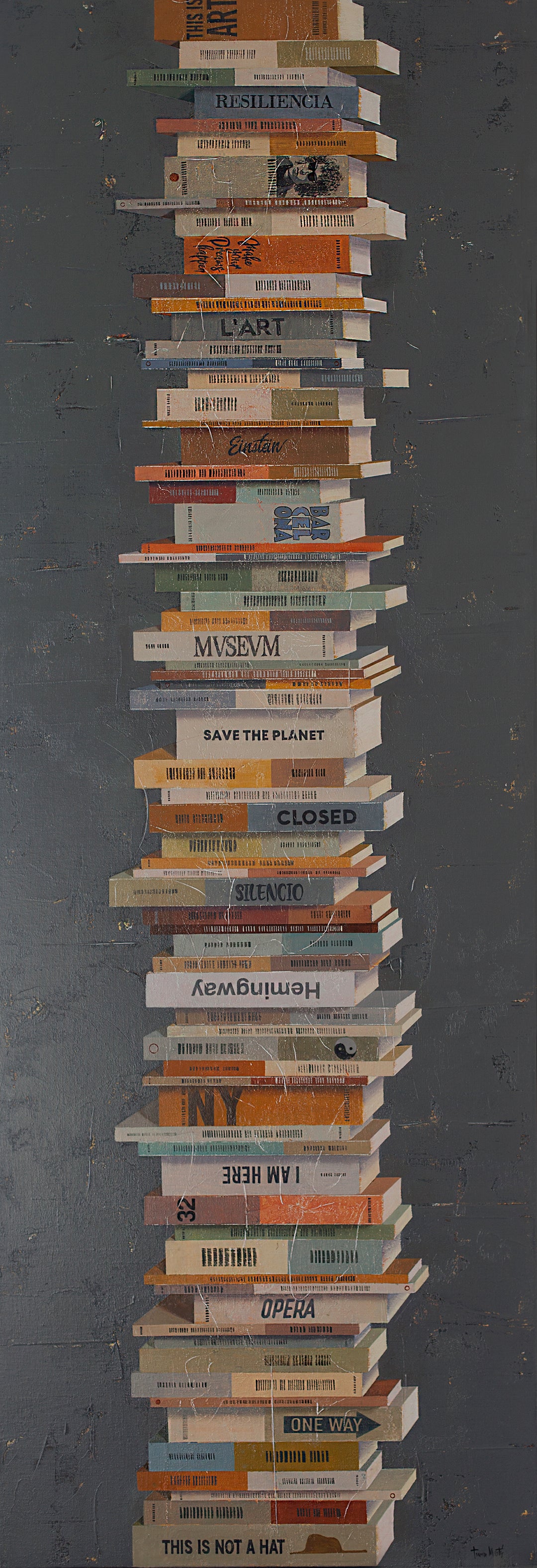 Books In Balance II, artwork by Tomasa Martín. Oil and acrylic on linen, vertical painting of stacked books on a charcoal gray bcackground.