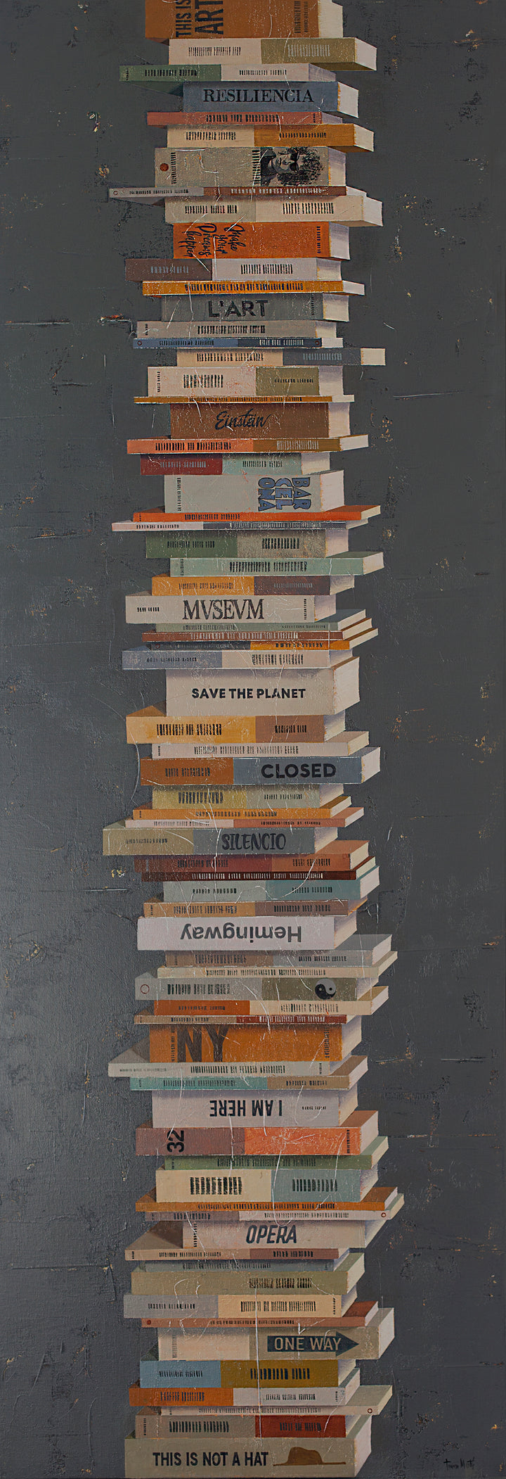 Books In Balance II, artwork by Tomasa Martín. Oil and acrylic on linen, vertical painting of stacked books on a charcoal gray bcackground.