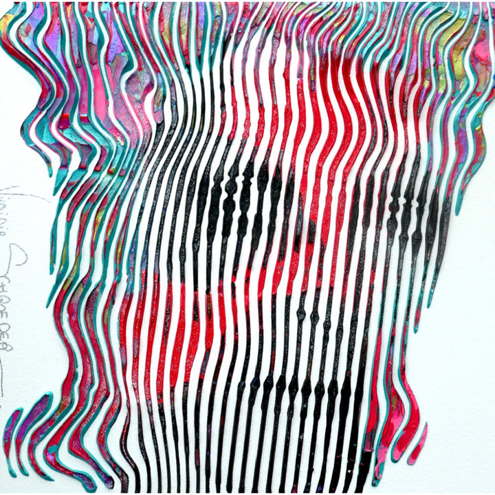 Virginie Schroeder "The Most Iconic, David Bowie", 10" x 10" white and multicolor abstract portrait painting. Acrylic and oil on canvas.