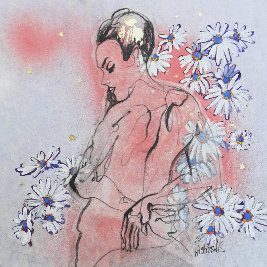 Corinne Labarussias "Daisy 48". Charcoal, pigments, spray paint & gold leaf on 10x10" advertising paper. Portrait of nude female with flowers and blue background. 