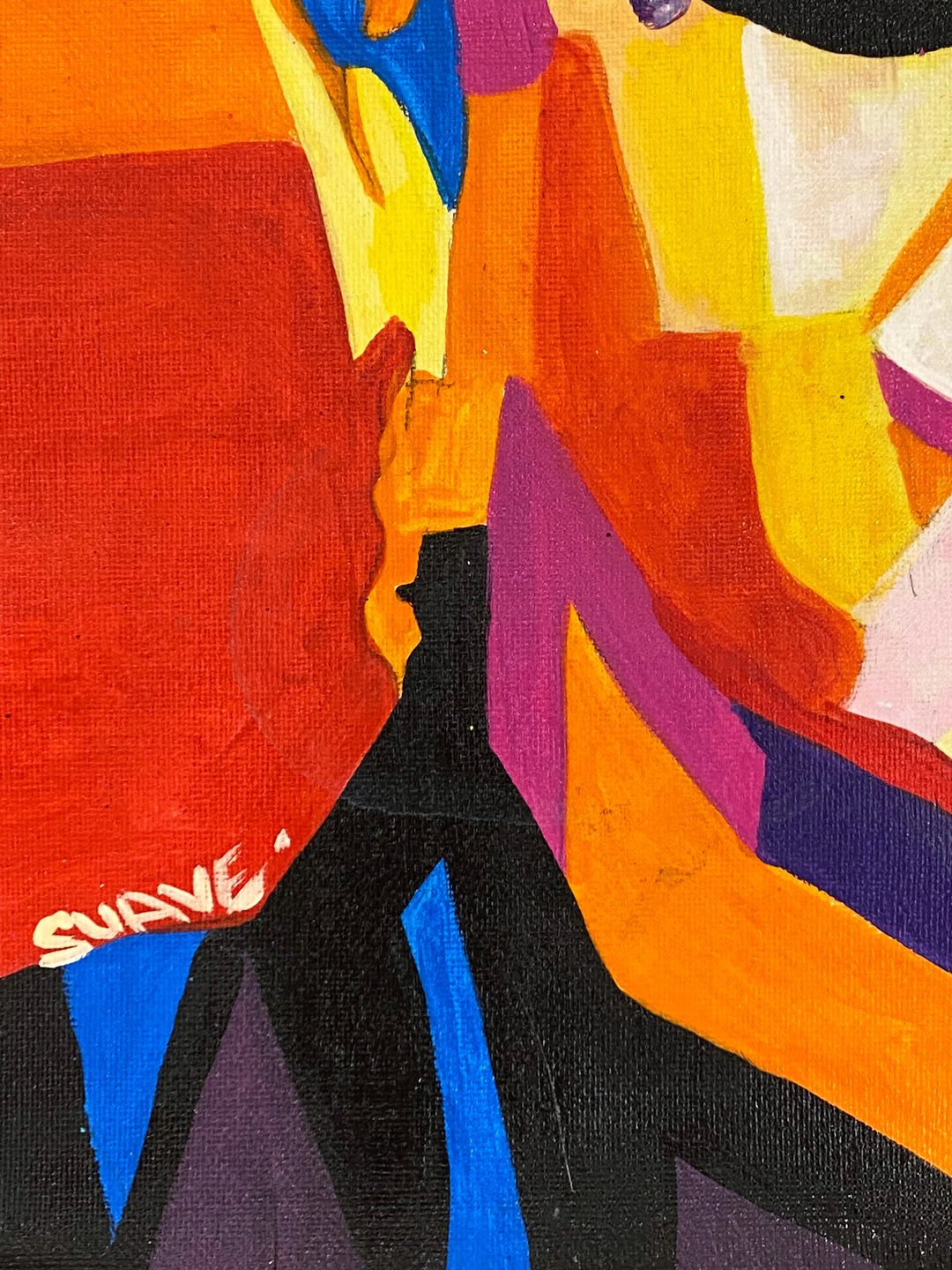Detail of Suave Gonzalez "Elton", multicolor geometric abstract portrait. Acrylic on 14x14" canvas.
