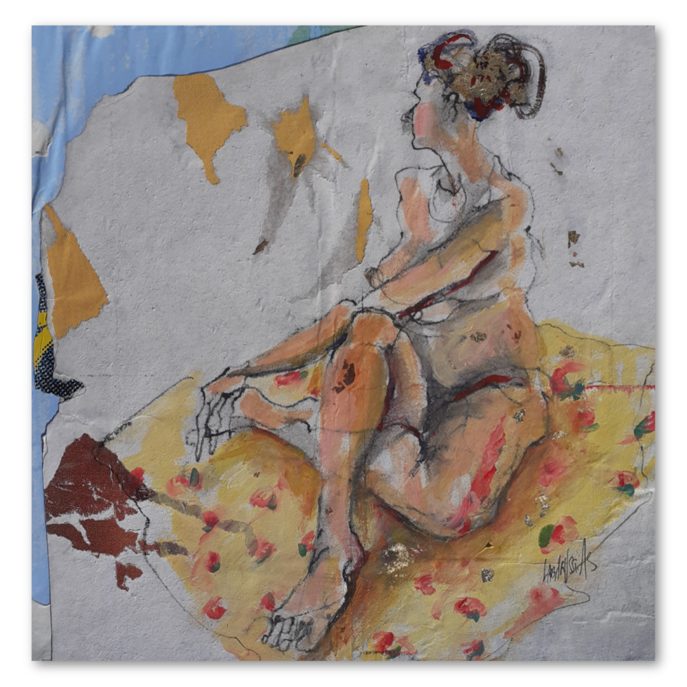 Esquisse XXXI, artwork by Corinne Labarussias. Charcoal, pigments, & gold leaf on advertising paper. 14 by 14 inches.