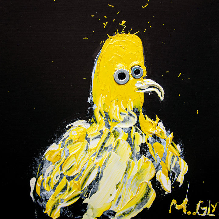Moogly "Simpsoned", 10" x 10" black and yellow abstract animal painting. Acrylic and collage on board.