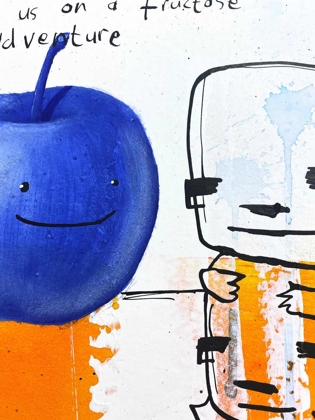 Detail of Jan-Hein Arens "Fructose Adventure". Blue, orange and white figurative illustration with text, acrylics and ink on 14"x14" paper.